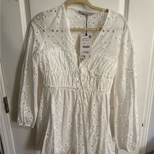 White Eyelet Long Sleeve Mini Dress